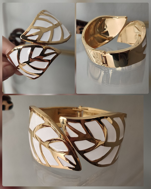 Klapp Armreif gold weiß Blatt Design