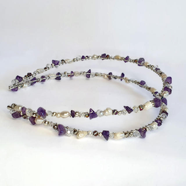 Diadema Violet doble tocado joya con amatistas, perlas de río y cristales 