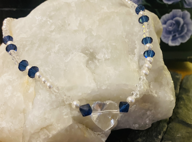 Sterling Silver Pearl, Blue &amp; Clear Beaded Choker Necklace and Crystal Heart