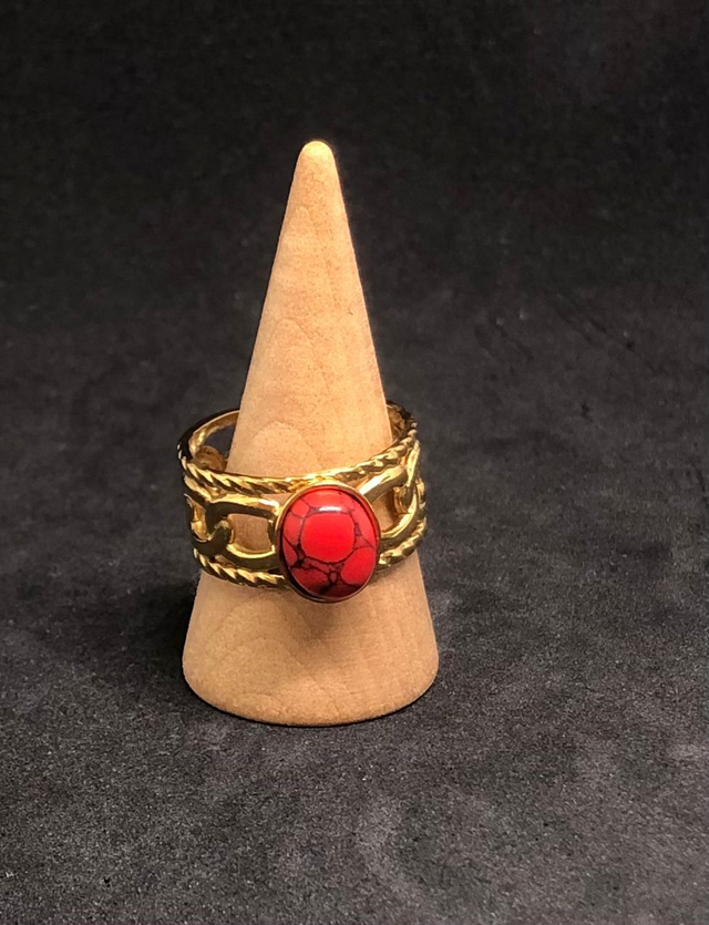 Bague en métal doré et turquoise rouge 