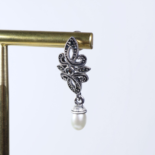 Pair of Sterling Silver 925 Art Deco Style Cream Coloured Fresh Water Pearl Marcasite Gemstone Star Design Drop Dangle Earrings