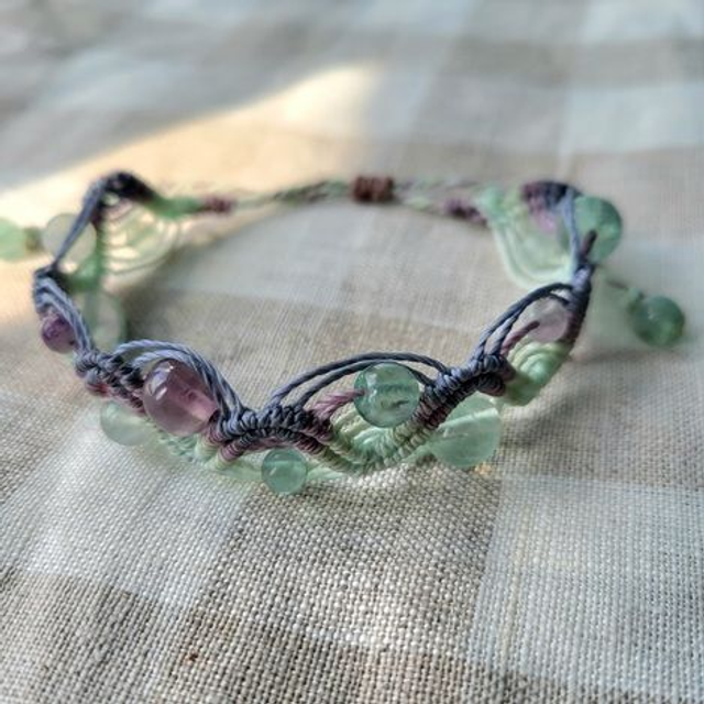 Kit Bracelet double vague Fluorine (micro-macramé fils en dégradé de mauve et de vert, fluorine pierre naturelle)