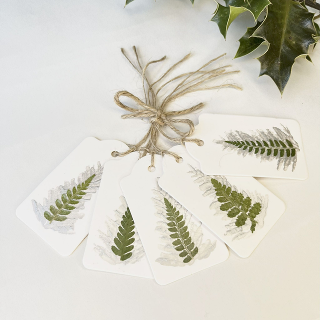 Handmade White Christmas Tags Sliver Pressed Fern  Pack of 5