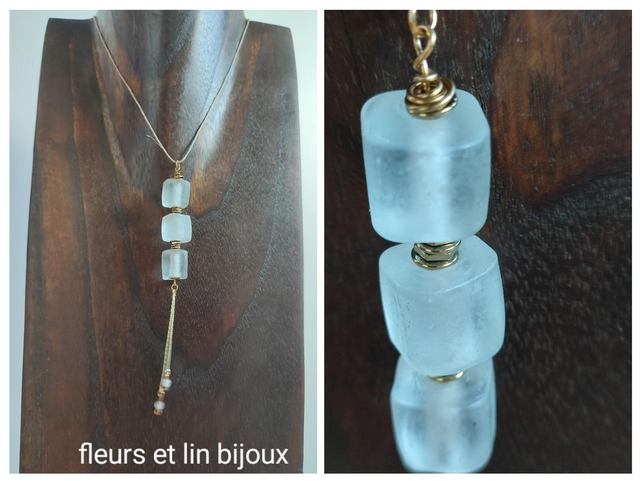Collier 3 cubes en verre transparent et perles en pierres de lune monté sur fil de lin réglable avec chaîne d&#039;extension 
