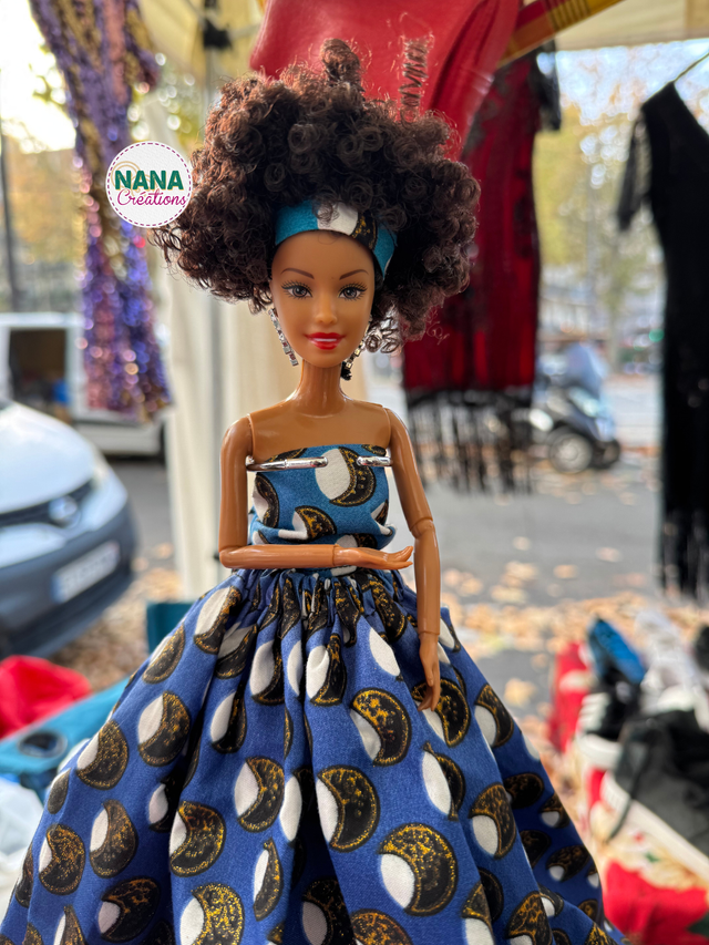 Poupée – Jupe et Haut en Wax Bleu - Fait main