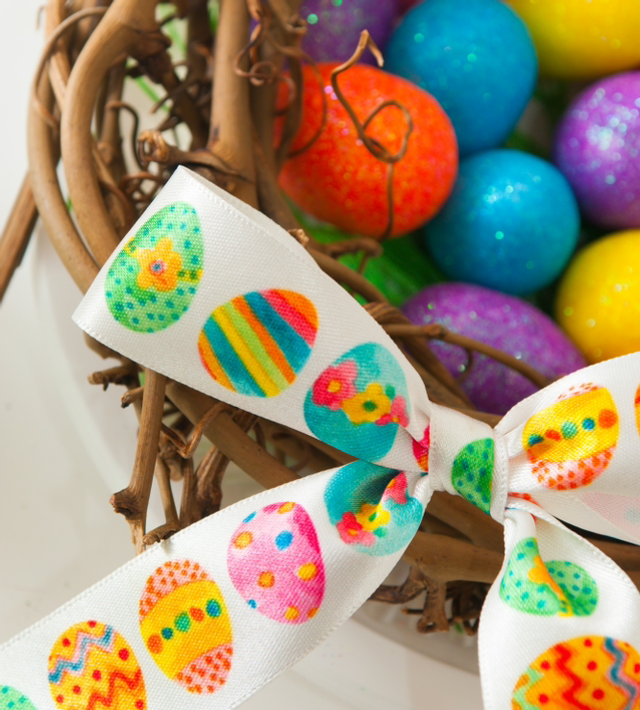 Ribbon: Easter Eggs: 20m x 25mm: White and Multi