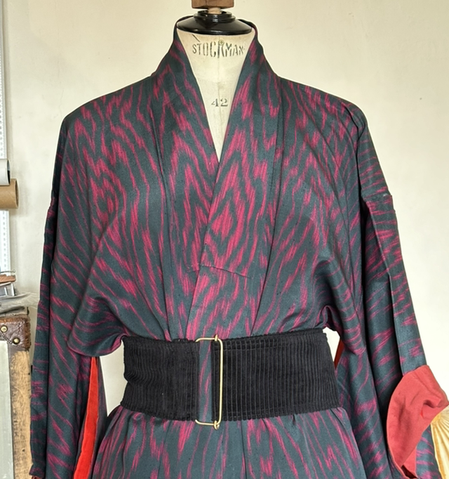 Kimono soie verte foncé et fuschia
