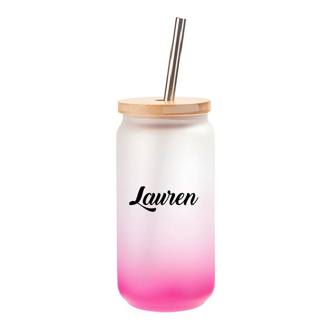 Personalised Glass Jar with Bamboo Lid &amp; Straw - PINK