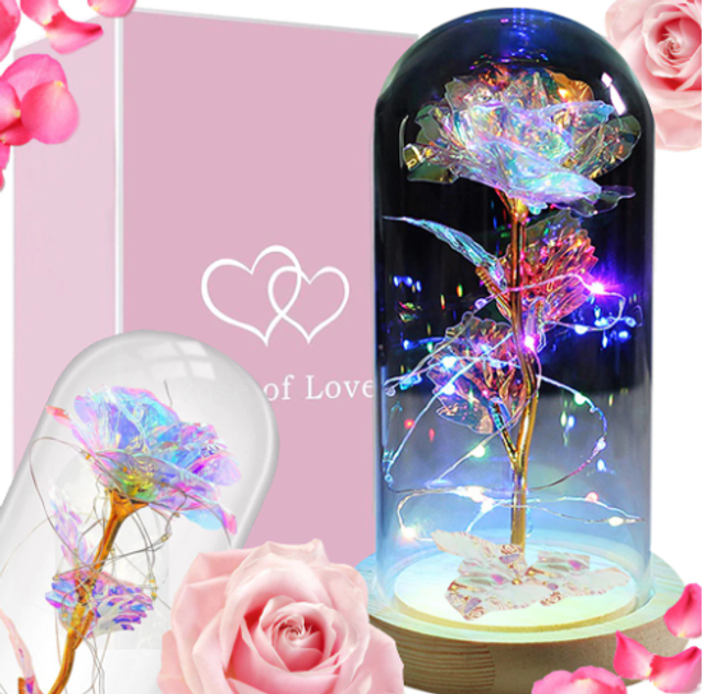Rose éternelle en verre, cadeau en verre lumineux