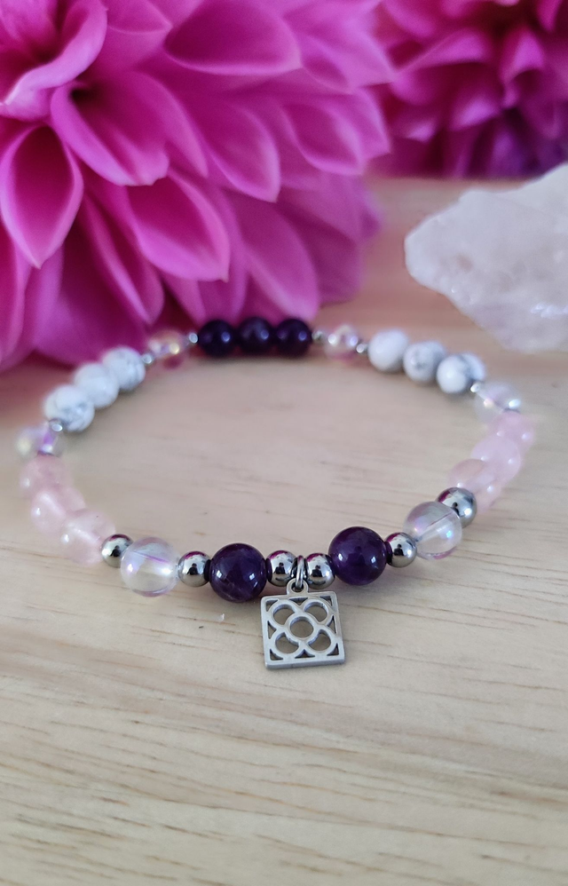Bracelet "Paix intérieure" Améthyste, Quartz rose et Howlite