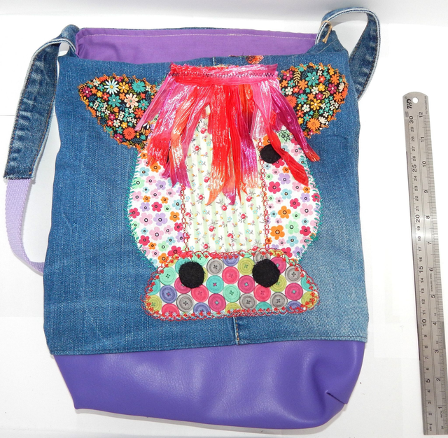 Denim and Vinyl Apliquet Cow Tote bag using repurposed denim and fabric