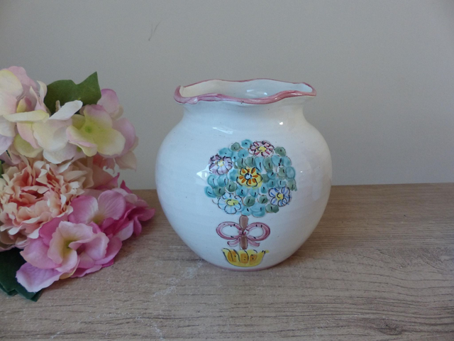 Vase forme boule l'Antica Deruta peint à la main Italie, Vase Poterie Deruta Décor Arbre avec Fleurs et Ruban, Pot Fleurs Décoration Maison