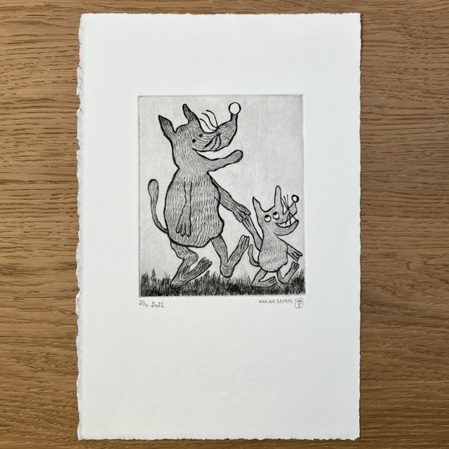 « Grand loup et petit loup » - gravure sur cuivre 