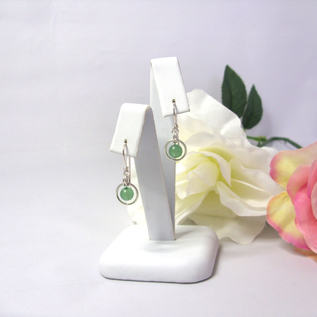 Green Aventurine gemstone dangle earrings with bead in a ring of recycled silver