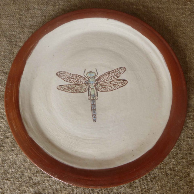 JBY117 Dragonfly plate by Jane Bisby, 25cm red earthenware