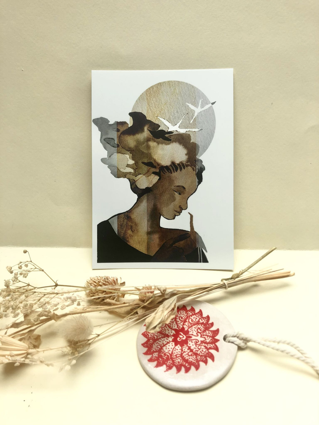 Carte postale A6 illustration "la femme aux grues"