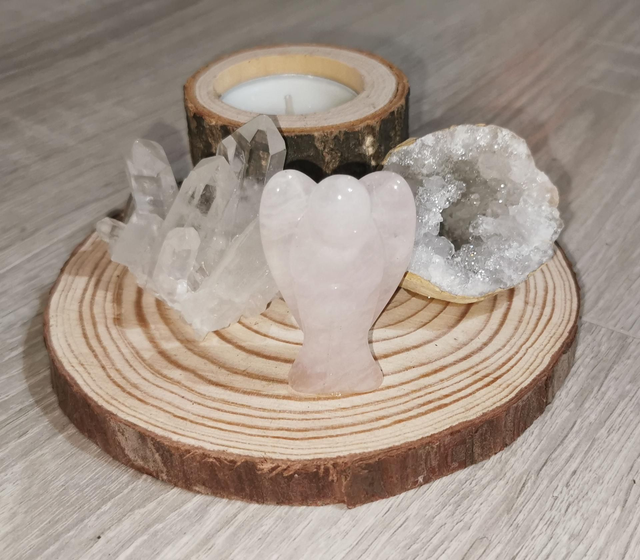 Bougeoir bois,Ange Quartz rose ,pointes de quartz, Géode de calcite