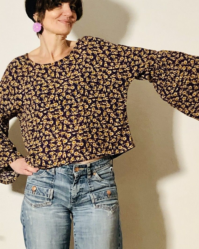 Top  Folk viscose lurex  imprimé violet fleurs