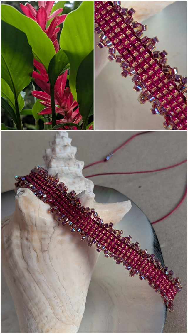 Bracelet rouge foncé et aux reflets dorés , noir tissé main sur fil de jade résistant et réglable 