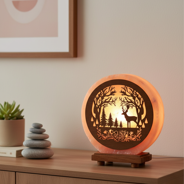 Lampe de Sel d'Himalaya rose à frame - Cerf en Forêt