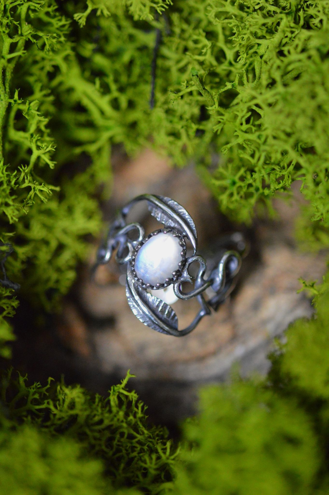 Bague Elfique - Pierre de Lune T50 à 56, feuilles simples