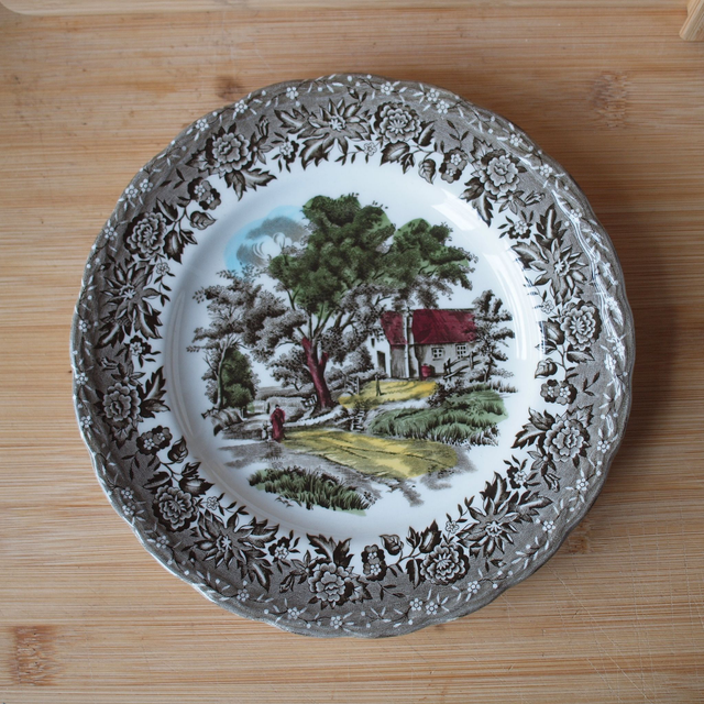 W.H. Grindley | Ontbijtbord (diameter 20 cm | hoogte 2 cm) met &#039;Country Style&#039; motief in grijze, blauwe, gele en groene kleuren | Vintage