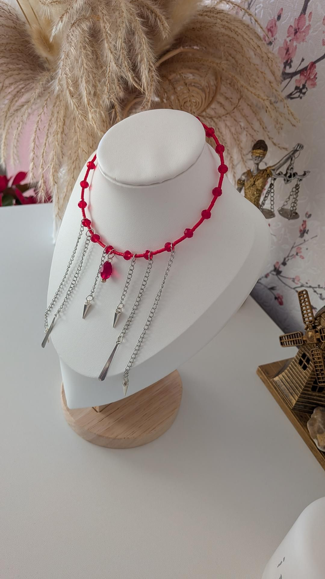 Gothic red chocker necklace with silver chain tassels