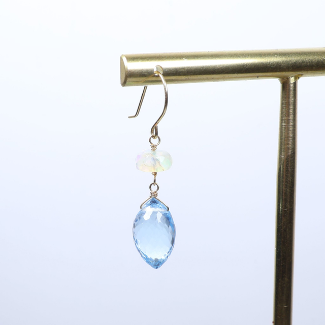 Pair of 18K 18Ct 750 Solid Yellow Gold Faceted Welo Ethiopian Opal Briolette Cut Blue Topaz Gemstone Elegant Dainty Modern Hook Earrings