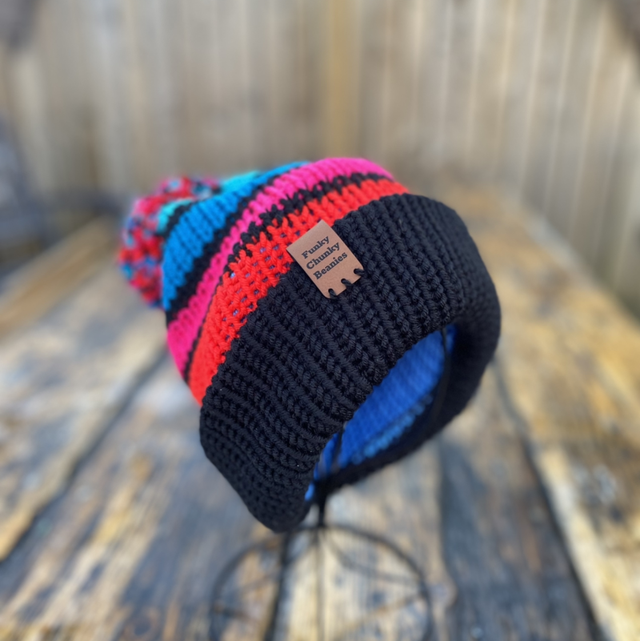 Funky Chunky Bobble Hat – Scarlet Rose &amp; Charcoal - Handmade in Scotland
