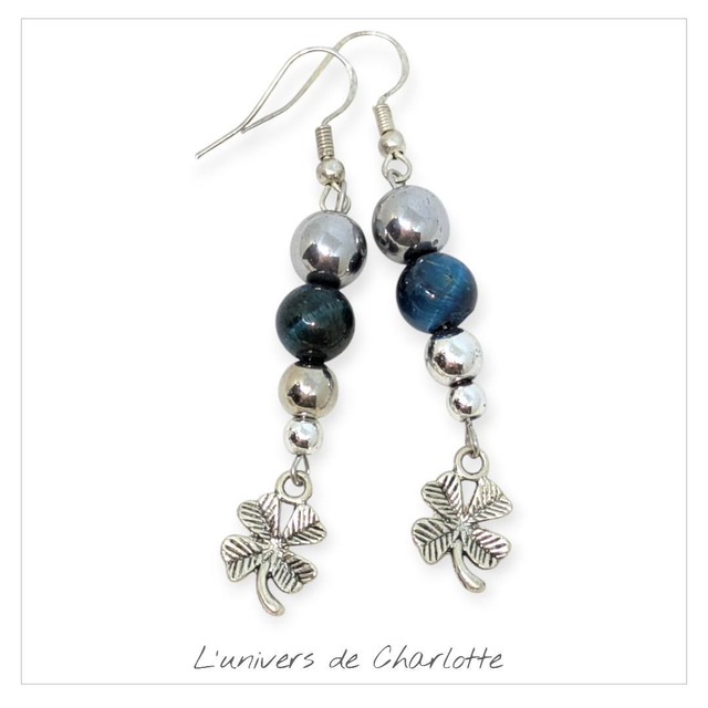 Boucles d&#039;oreilles &quot;Oeil de tigre bleu&quot; BO-090