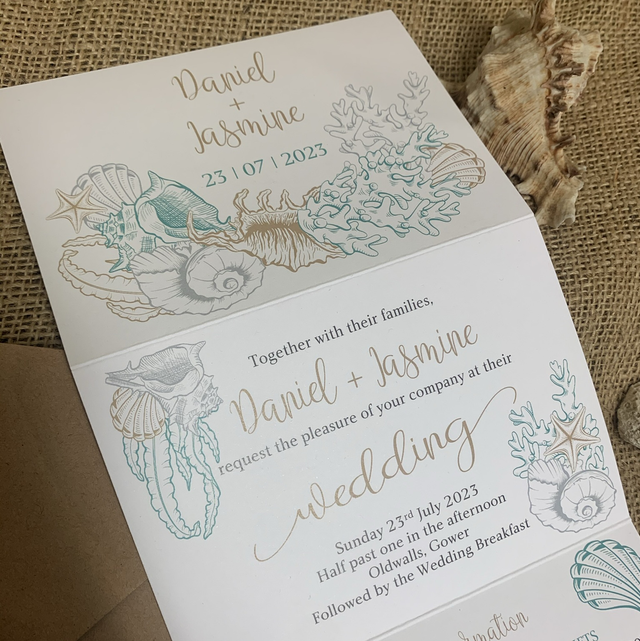 Shells design - concertina wedding invitations - including guest information &amp; tear off RSVP postcard - beach, seaside theme