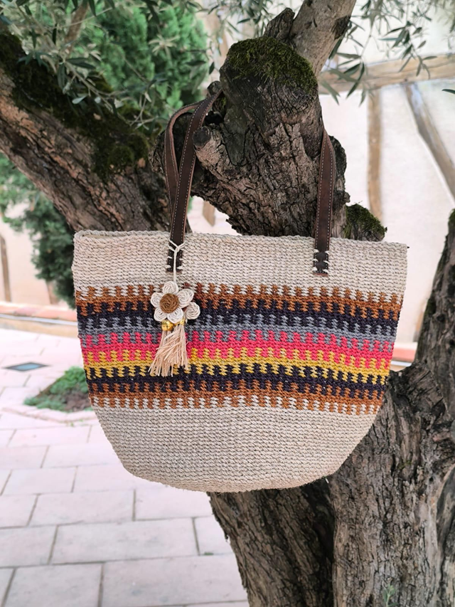 Sac cabas en Raphia à motifs beige rose