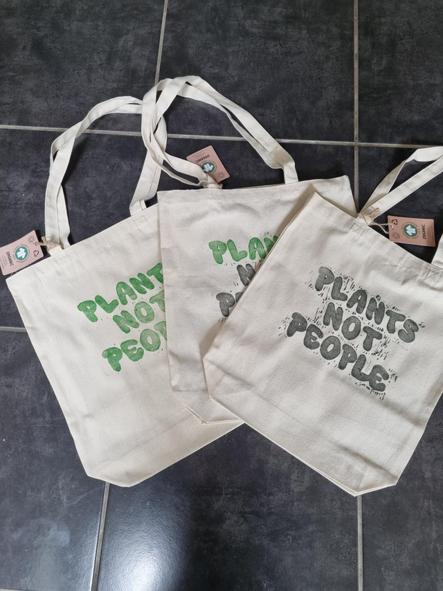 Plants not people Organic hand printed Tote Bags 