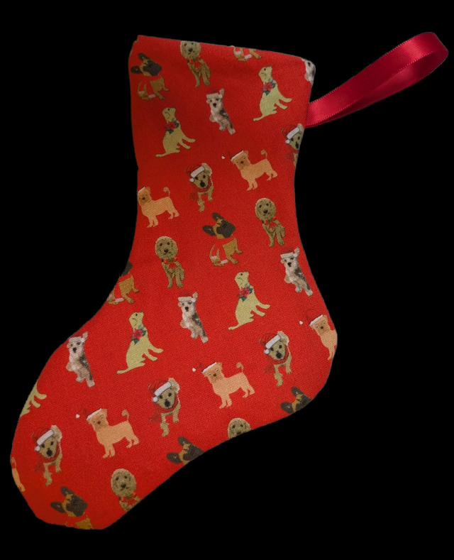 Dog multi breed Poly cotton Christmas Stocking for the tree