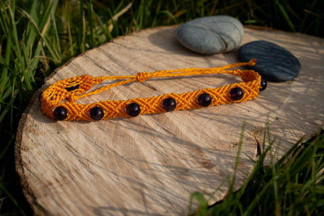 Duo de bracelets en micro-macramé, perles Améthyste et Obsidienne noire