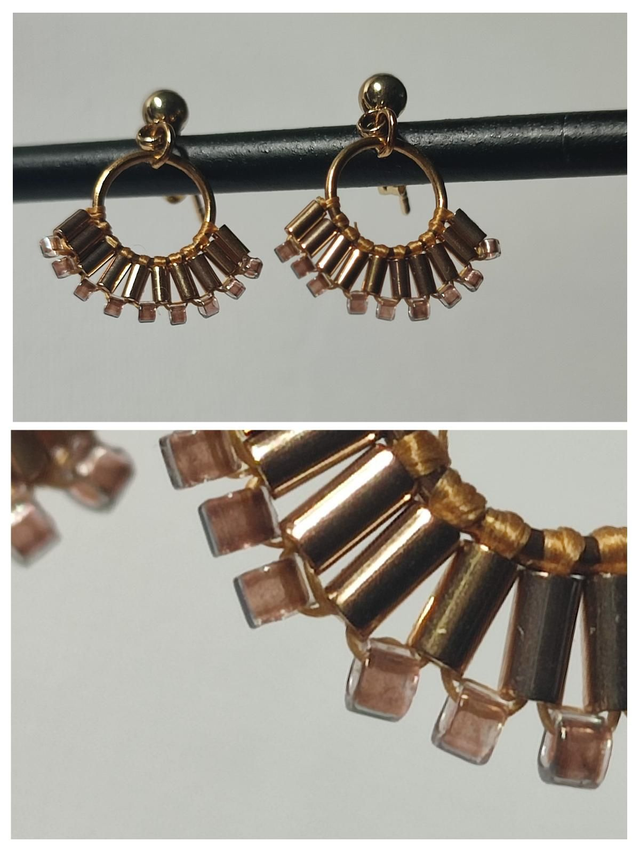 Boucles d&#039;oreilles tissées main cuivre/doré en perles de verre japonaise, acier 