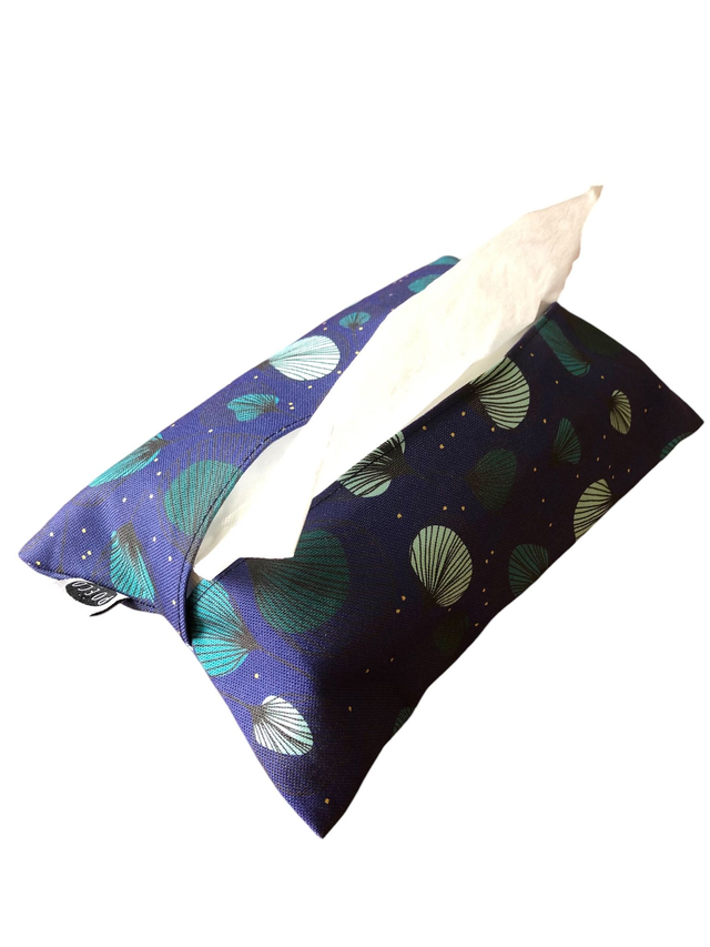 Pochette mouchoirs - PLUMES vertes fond bleu marine