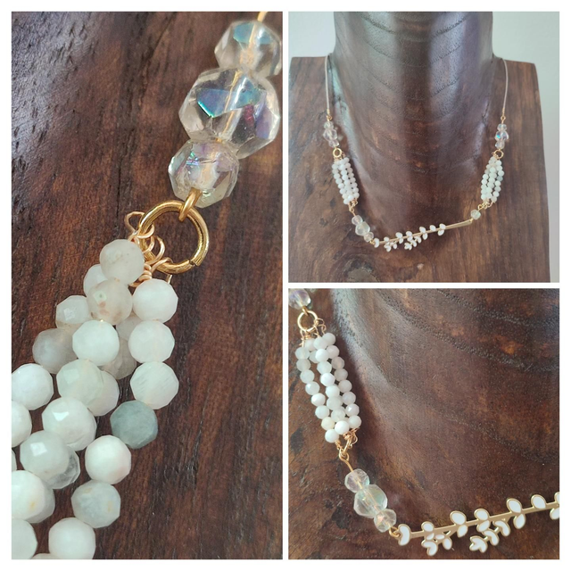 Collier en pierre de lune et perles en verre ras du cou monté sur fil de lin réglable avec chaîne d&#039;extension en acier inoxydable doré, pièce unique 