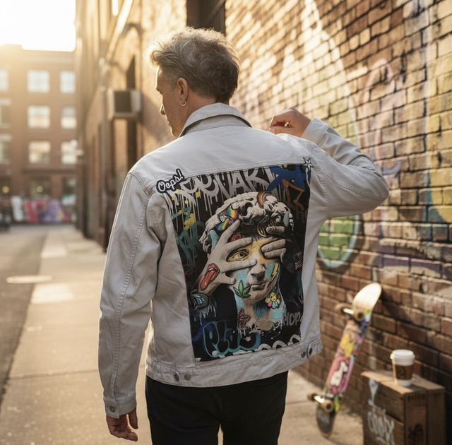 Veste en jean beige customisée taille XL 