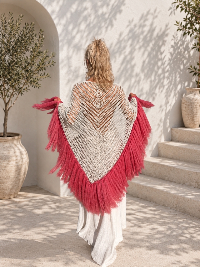 Chal mohair/seda hueso - frambuesa