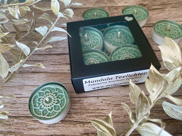 4er Set Mandala Teelichter mit Duft: Eukalyptus, Kaschmir, Patschuli