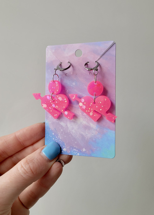 Earrings | Hot Pink Glitter Heart and Arrow | Stainless Steel Hoops