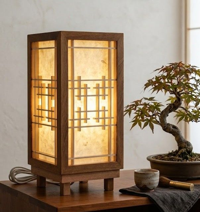 Grande lampe kumiko en chêne, hêtre et tilleul - papier népalais couleur " beige "