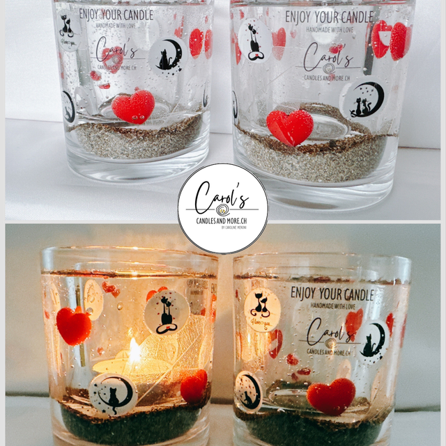 Teelichtglas Katze mit Herzen