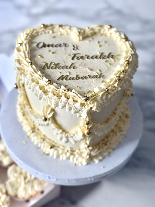 White &amp; Gold Heart shaped Vintage Nikkah Wedding Cake