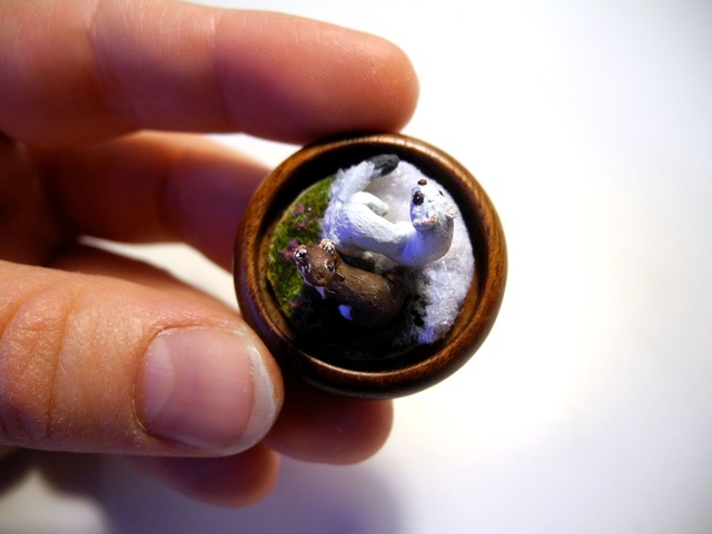 Ermines - OOAK Biosphere Wood Jewelry - Clear glass globe with two delicate Ermines inside– winter/spring inspired jewelry