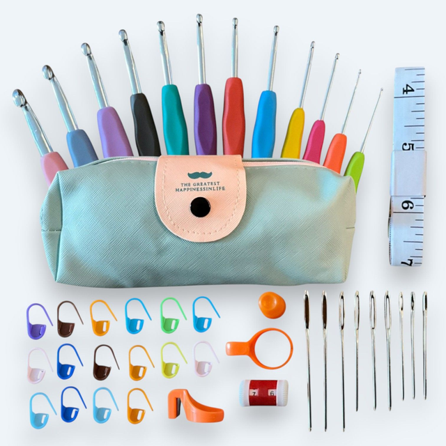 42-teiliges Profi Häkel-Komplettset – 12 ergonomische Softgriff-Nadeln & Mega-Zubehör-Paket