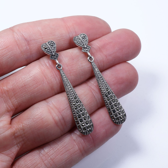 Elegant Pair of Sterling Silver 925 Art Deco Style Marcasite Gemstone Long Heart Teardrop Design Drop Dangle Earrings.