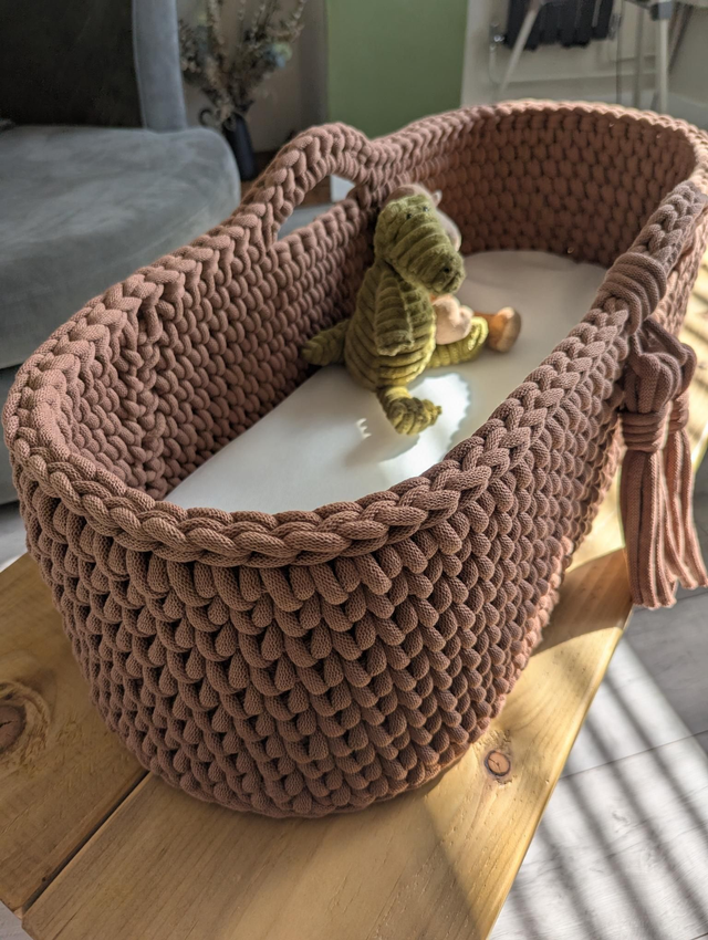Handmade Crochet Moses Basket Made To Order (77cm x 30cm x 33cm approx) Not Including Stand or Mattress