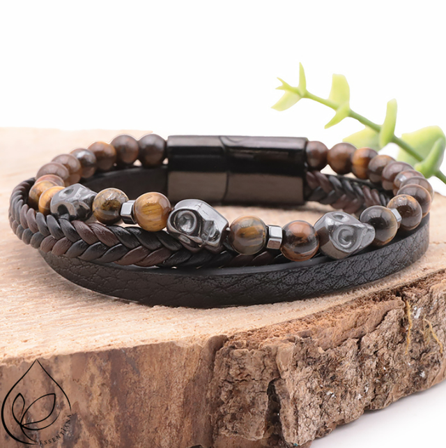 BRACELET ESSENTIANA NOXIS CUIR NOIR OEIL DE TIGRE qualité A